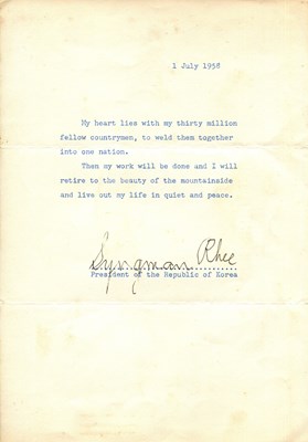 Lot 1297 - RHEE SYNGMAN: (1875-1965)