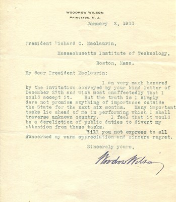 Lot 1076 - WILSON WOODROW: (1856-1924)