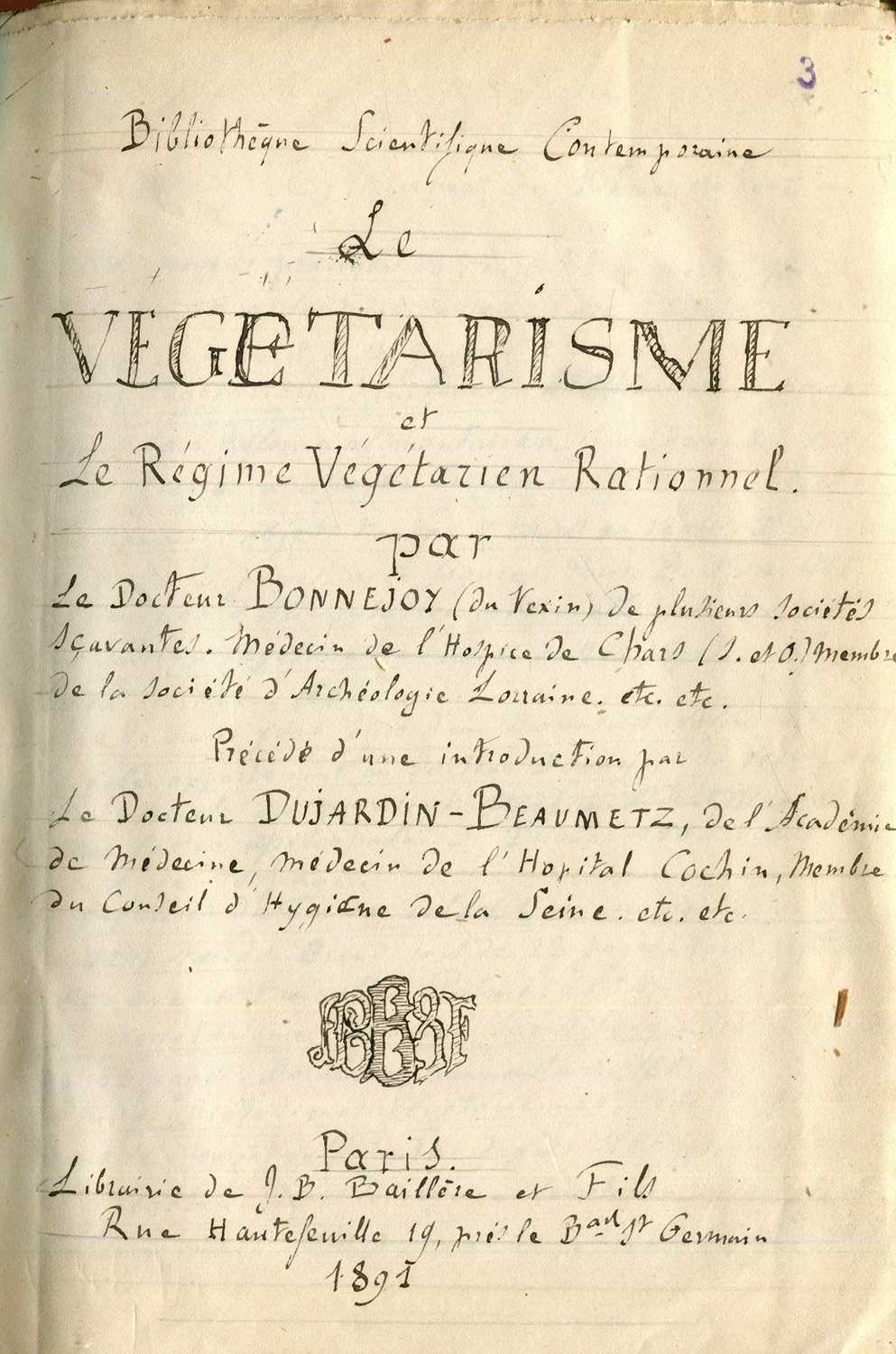 Lot 1112 - [VEGETARIANISM]: BONNEJOY ERNEST: (1833-1896)
